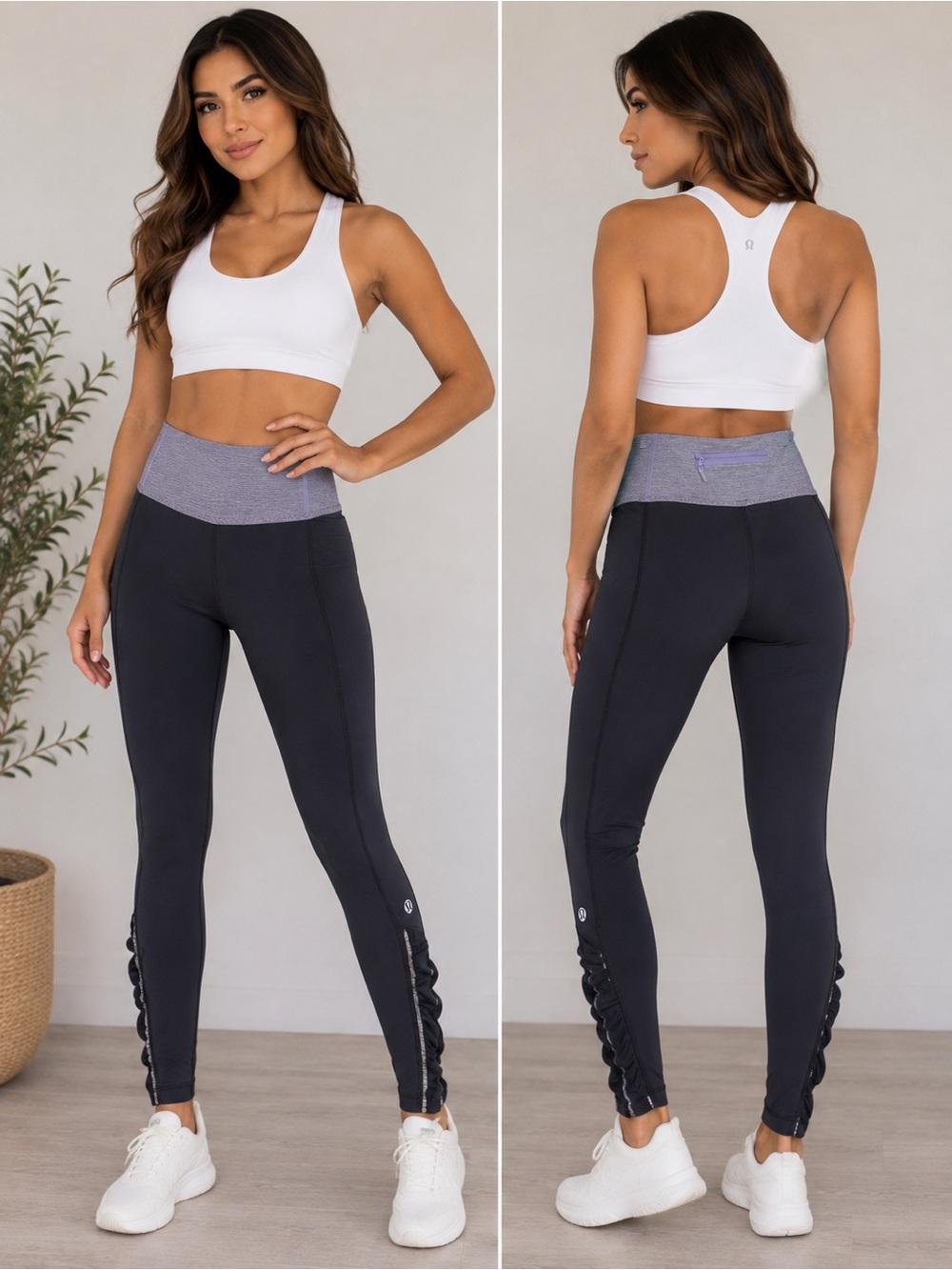 lululemon athletica Black Leggings with Gray Fold-Over Waist and Purple Zip